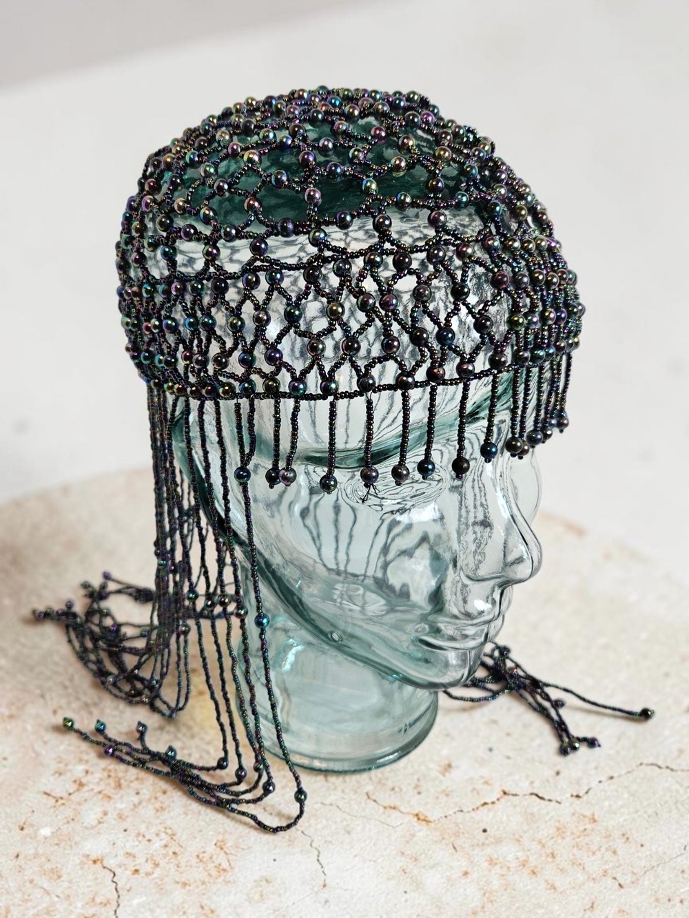 Beaded Skull Cap OS 1920s Gatsby Flapper Art Deco Iridescent Fringe Headpiece AB